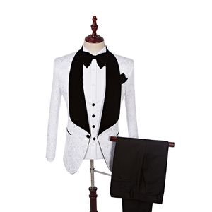 Jacquard Groom Tuxedos White Groomsman Bröllopsdräkt Mode Black Lapel Men Business Prom Party Jacket Blazer (Jacka + Byxor + Tie + Vest) 2659