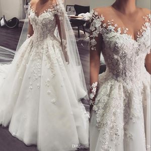 Modern New A Line Wedding Dress Illusion Jewel Neck Long Sleeves Lace Appliques 3D Floral Flowers Plus Size Court Train Tulle Bridal Gowns