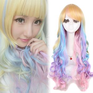 Frete grátis por atacadoCosplay Cabelo Peruca Longa Multy-cor Onda Do Cabelo Franja Partido Perucas de Cabelo Das Mulheres