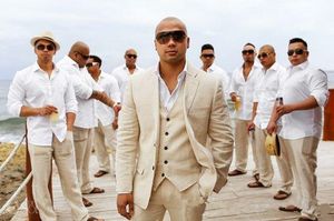 New Beige Linen Wedding Suits Beach Groom Tuxedos 3 Pieces (Jacket+Pants+Vest) Bridegroom Men Suits Best Man Blazer 3