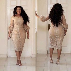 African Champagne Plus Size Evening Dresses Modest Tea-length 3/4 Long Sleeve Lace Short Prom Dress Party Wear