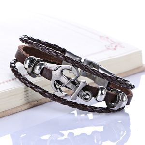 Genuine Leather Anchor Bracelets for Men Multilayer Braided Fashion Vintage Punk Rock Women Alloy Beads Bangles Hands Made Jewelry for Women