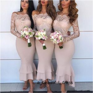 Evening Dresses Bridesmaid Dresses Off Shoulder Lace Appliques Illusion Long Sleeves Tiered Ruffles Guest Dress Maid Of Honor Gowns ED1258