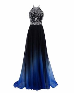 2022 Sexy Halter Gradient Prom Dresses With Long Chiffon Plus Size Ombre Evening Party Gowns Beaded Formal Party Wear Gown Lace up Back