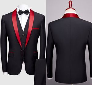 Czarny z czerwonym szalą Lapel One Button Fashion Men Tuxedos do noszenia na balu Wedding Even Even Party Suit wykonany na zamówienie (Blazer+Spodnie+Kamizelka)