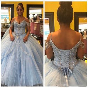 Blue Light Sky Ball Gown Beading Quinceanera Dresses Off the Shoulder Straps Tulle Tiered Skirt Custom Made Sweet Pageant Dress