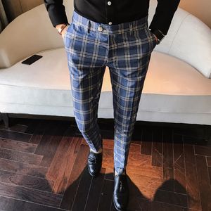 Moda Masculina Mens Dress Pant Xadrez Business Casual Slim Fit Homme Clássico Vintage Check Terno Calças Casamento
