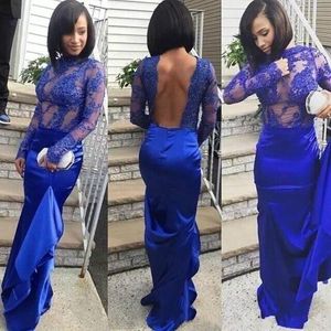 Royal Blue Backless Mermaid Prom Vestidos Top Lace Illusion Africano Formal Pageant Celebrity Dress