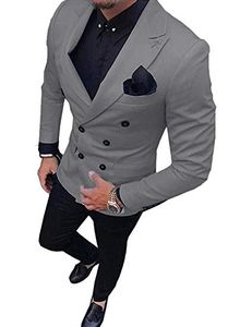 Kruvaze gri Damat Smokin tepe Yaka erkek takım elbise 2 parça düğün/balo / akşam Blazer (ceket + pantolon + kravat) W831