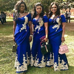 Royal Blue Mermaid Bridesmaid Dresses Plus Size Gold Lace Applique Wedding Guest Dress Off the shoulder Maid Of Honor Gowns BD8967