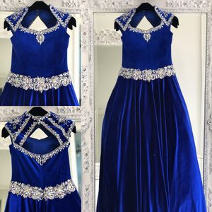 Royal Blue Velvet Pageant Dresses For Teens 2023 Crystals Rhinestones Long Pageant Gowns Little Girls Queen Anne Neck Formal Party Wear Hunter Green Emerald