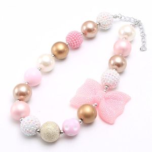 Fashion Pink Bowknot Girls Beads Necklace Child Kids Chunky Beaded Necklace Cute Design Jewelry For Gift