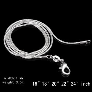 Catene a serpente in argento sterling 925 1mm Moda Uomo Donna Dichiarazione Collane Chiusura a moschettone Accessori per gioielli per ciondolo 16 18 20 22 24 pollici