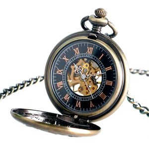 Steampunk Bronze Hollow Out Cute Little Goldfish Cover Handwind Mechanical Pocket Watch FOB Skeleton Clock Pendant Chain to Men WO282L