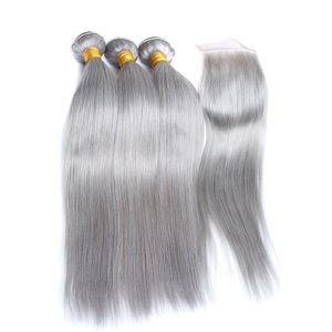 Peruvian Virgin Human Hair Silver Grey 3pcs Bundlar handlar omstängning Silky Straight Gray Colored 4x4 Lace Front Closure With Weaves