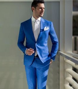 Kraliyet Mavi Erkekler Düğün Smokin Tepe Yaka Damat Smokin Moda Erkekler Blazer 2 Parça Suit Balo / Akşam Yemeği Ceket Custom Made (Ceket + Pantolon + Kravat) 1603