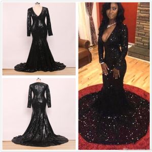 Sexy Deep Black 2019 V Neck Prom Dresses Long Sleeves Sparkly Sequins Sweep Train Formal Ocn Wear Party Ball Gowns