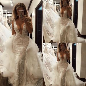 Gorgeous Lace Mermaid Wedding Dresses 2020 Appliqued Beads Pearls Country Wedding Dress With Detachable Skirt Sweep Train robes de mariée