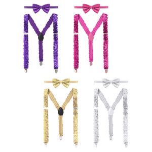 2Pcs Women Adults Shiny Sequins Elastic Y Shape Adjustable Braces Pant Suspenders Shoulder Straps with Bow Tie for Cosplay Party