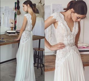 Boho Wedding Dresses Lihi Hod 2018 Bohemian Bridal Gowns with Cap Sleeves and V Neck Pleated Skirt Elegant A-Line Bridal Gowns Low Back