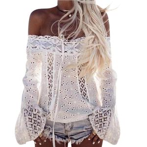 2019 Korean fashion women Off Shoulder Long Sleeve Lace Loose white Tops T-Shirt Kleding vrouwen Kawaii Poleras de mujer moda