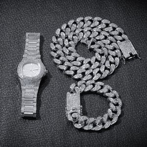 Hip Hop Bling Łańcuchy Biżuteria Mężczyźni Naszyjnik Iced Out Diament Miami Cuban Chain Różowe Złoto Silver Watch Naszyjniki Zestaw Bransoletki