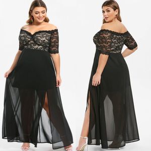 Black Cheap Lace Plus Size Prom Dresses Off The Shoulder Short Sleeves Evening Gowns A Line Ankle Length Chiffon Side Split Formal Dress