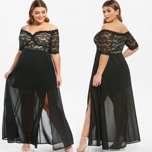 Svart Billiga Lace Plus Storlek Prom Klänningar Av Axel Kortärmad Kvällar En Linje Ankel Längd Chiffon Side Split Formell Dress