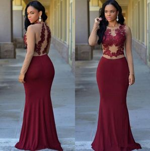 Burgundy Sheer Long Sleeves Mermaid Formal Evening Dresses 2020 African Jewel Lace Appliques Modest Arabic Prom Party Gowns For Woman