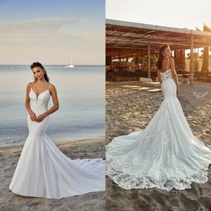 Eddy K 2021 Wedding Dresses Sexy Spaghetti Straps Open Back Bridal Gowns Custom Made Lace Appliques Sweep Train Mermaid Robe De Soiree