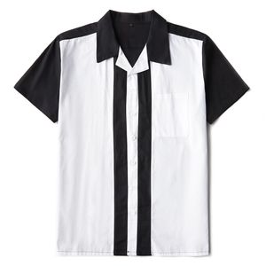 Mens Stripe Vintage Cotton Shirts Kortärmad Casual Rockabilly Bowling Shirts Svartvit