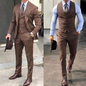 Kahverengi Damat Smokin Tepe Yaka Erkek Düğün Smokin Moda Erkek Ceket Blazer 3 Parça Takım Elbise (Ceket + Pantolon + Yelek + Kravat)