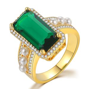Wholesale engagement rings green stones for sale - Group buy Wedding Engagement Rings Green Stone Big Crystal Imitation Pearl Bride Party Jewelry Gifts Accessories K Gold Plated