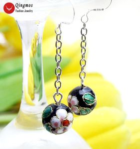 Fashion-Qingmos Trendy Cloisonne Earrings for Women with 12mm Round Black Cloisonne & White Flower Dangle Earring 2" Fine Jewelry e699