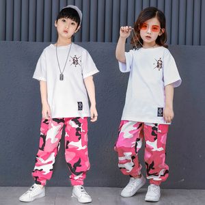 Pink Camouflage Ballroom Hip Hop Dance Clothing Children Jazz Hiphop Street Dance Costume T-shirt Pants Suit for Kids Boys Girls