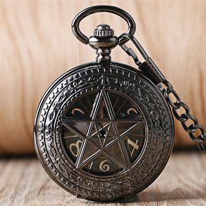 Antique Cassical Black Hollow Out Pentagram Case Watches Mens Womens Hand Wind Mechanical Pocket Watch Pendant Chain Clock