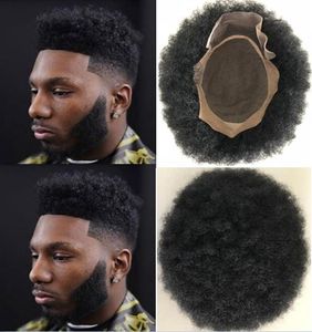 Homens Hair Wig Hairpieces Afro Hair Toupee Lace Front Com Mono Npu Toupee Jet Black Indaine Virgem Virgem Reposição de Cabelo Humano para Black Me