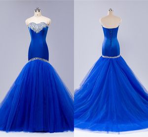 Royal Blue Mermaid Gelinlik 2020 Kristal Boncuklu Tül Straplez Açık Geri Abiye Giyim Uzun Örgün Giydirme Plus Size