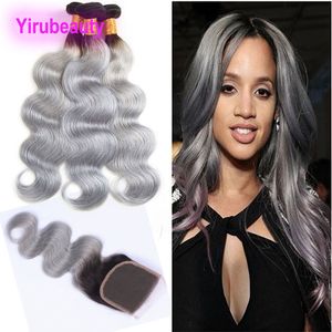 Capelli vergini brasiliani 1B / capelli Ombre grigi 3 pacchi con chiusura in pizzo 4 * 4 Trame di capelli umani grigi dell'onda del corpo 1B con chiusura Tre centrali libere