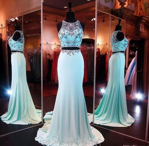 Unique Two Piece Prom Dresses Party Evening Gowns Mermaid Sheer Neck Crystals Floor Length Long Pageant Custom Made Evening Gowns HY06