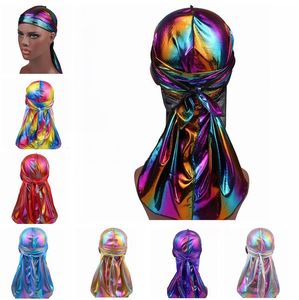 Nya färgglada sparkly Durags Turban Bandanas för män och kvinnor Glänsande Silky Durag Headwear Headbands Hair Cover Tillbehör Wave Caps Rags Hat