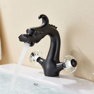 Dragon Black Basin Faucet Dual Crystal Handle Bathroom Deck Mounted Hot Cold Water
