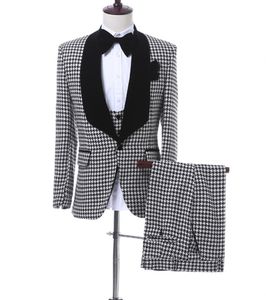 Moda Groom Tuxedos Houndstooth Groomsmen Mens Sukienka ślubna Czarny Lapel Man Kurtka Blazer Business Suit (Kurtka + Spodnie + Kamizelka + Krawat) 1679