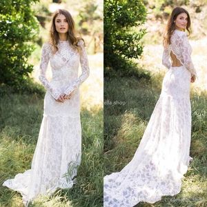 Bohemian Lace Long Sleeves Mermaid Wedding Dresses Jewel Beach Country Wedding Dress Bridal Gowns Hollow Back Sweep Train robes de mariée