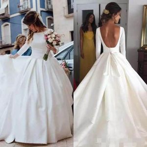 Sleeves Satin Long Dresses Scoop Neck Sexy Backless Ruched Pleats Sweep Train Wedding Bridal Gown Plus Size Vestido De Novia