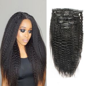 Malaysiska Virgin Hair Clips In / On Human Hair Extensions Full Head Natural Färg Grov Yaki Kinky Straight 7PCS LOT 100g 120g 12-28 inches