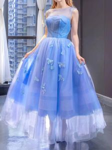 Lake Blue See Through Neckline Prom Dress Lace Up Back Women Ball Gown with Beads and Butterfly robe de soiree