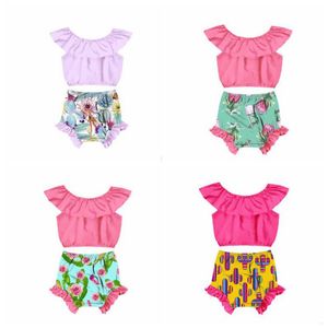 Bebek Kız Giysileri Çocuk Yaz Giyim Setleri Kapalı Omuz Gömlek Kaktüs Baskı Şort 2 adet Set Kolsuz Ruffled Kısa Pantolon Kıyafetler ZYQA508