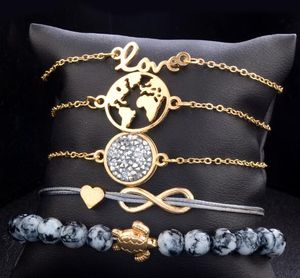 Wholesale twisted heart bracelet for sale - Group buy Love letter bangle sets world map turtle ash beads set with diamond pine hands braided rope bracelets
