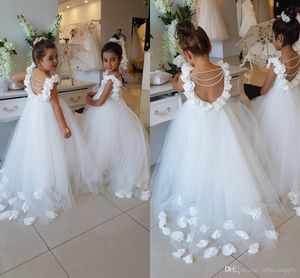 White Flower Elegant Girls For Weddings Scoop Lace Tulle Pearls Backless Ruffles Princess Children Wedding Birthday Party Dresses